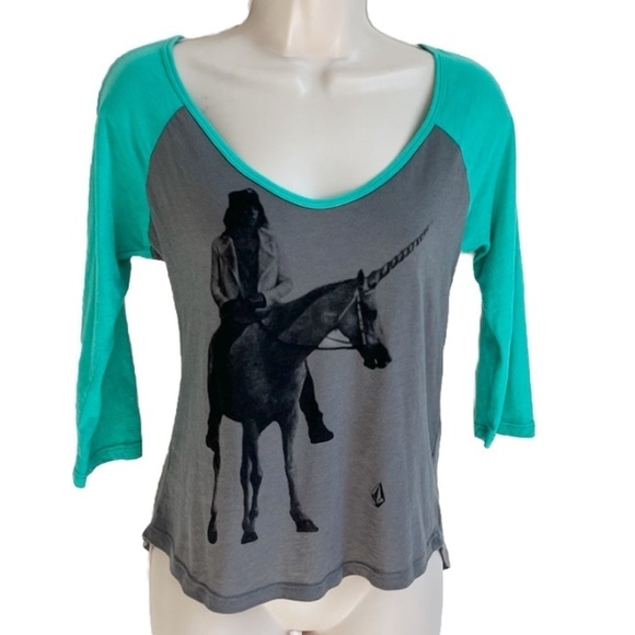 Pacsun Volcom Scoop Neck Raglan Sleeve Unicorn Traveler Top Gray Turquoise S - Picture 1 of 6